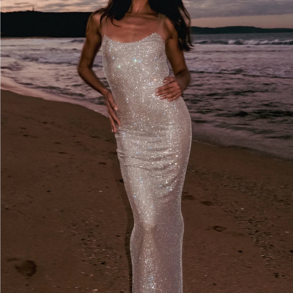 MESHKI Jasmyn Hot Fix Maxi Dress With Mesh Back - Nude